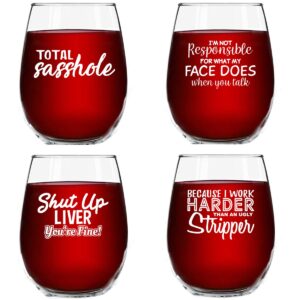 set of 4 crude & rude funny wine glasses (15 oz)- novelty glassware gifts for women- hilarious party, event, hosting fun- wine lover glass w/funny sayings- birthday wine gift for friends- made in usa