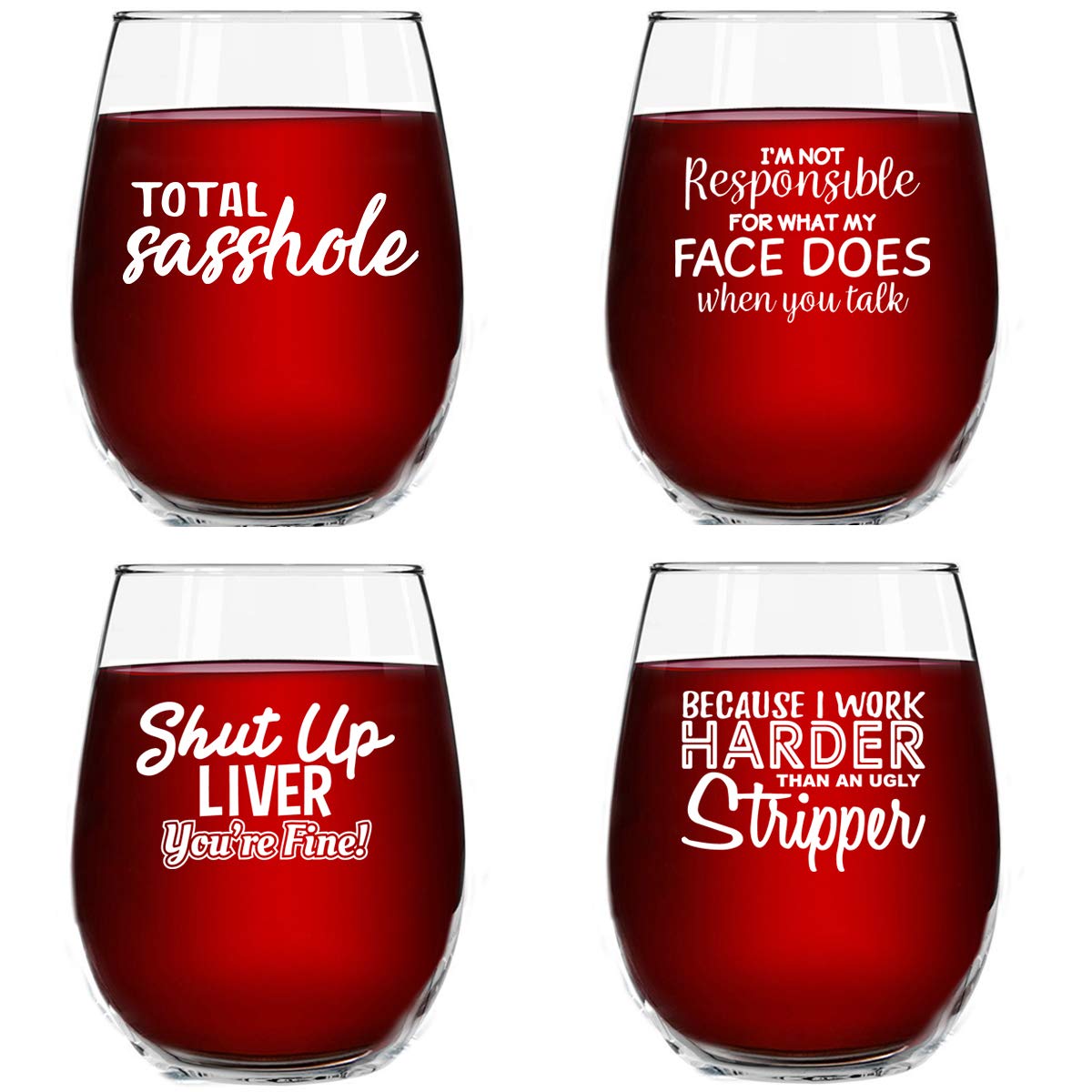 Set of 4 Crude & Rude Funny Wine Glasses (15 oz)- Novelty Glassware Gifts for Women- Hilarious Party, Event, Hosting Fun- Wine Lover Glass w/Funny Sayings- Birthday Wine Gift for Friends- Made in USA