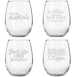 Set of 4 Crude & Rude Funny Wine Glasses (15 oz)- Novelty Glassware Gifts for Women- Hilarious Party, Event, Hosting Fun- Wine Lover Glass w/Funny Sayings- Birthday Wine Gift for Friends- Made in USA