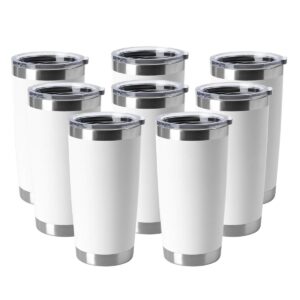 hasle outfitters 20oz tumblers bulk stainless steel cup with lid double wall vacuum insulated coffee mug for cold & hot drinks 8 pack, white