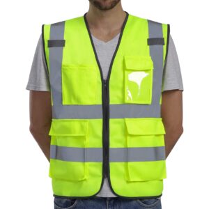 dib safety vest reflective ansi class 2, high visibility vest with pockets and zipper, construction work vest hi vis yellow m