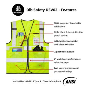 Dib Safety Vest Reflective ANSI Class 2, High Visibility Vest with Pockets and Zipper, Construction Work Vest Hi Vis Yellow M