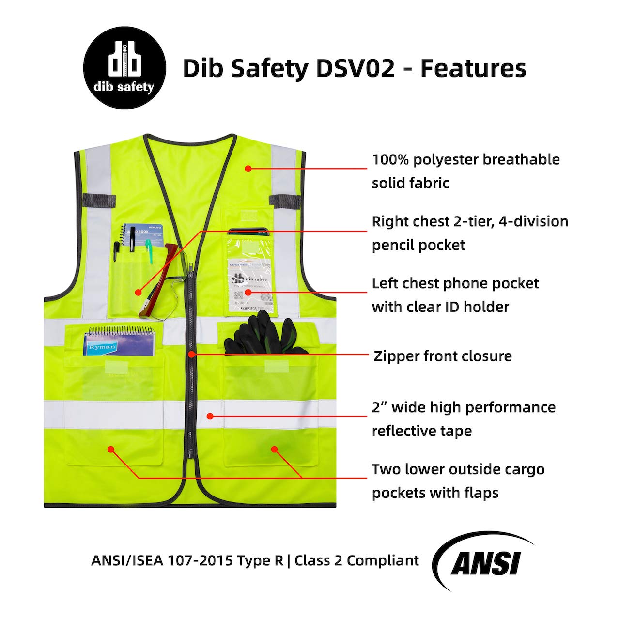 Dib Safety Vest Reflective ANSI Class 2, High Visibility Vest with Pockets and Zipper, Construction Work Vest Hi Vis Yellow M