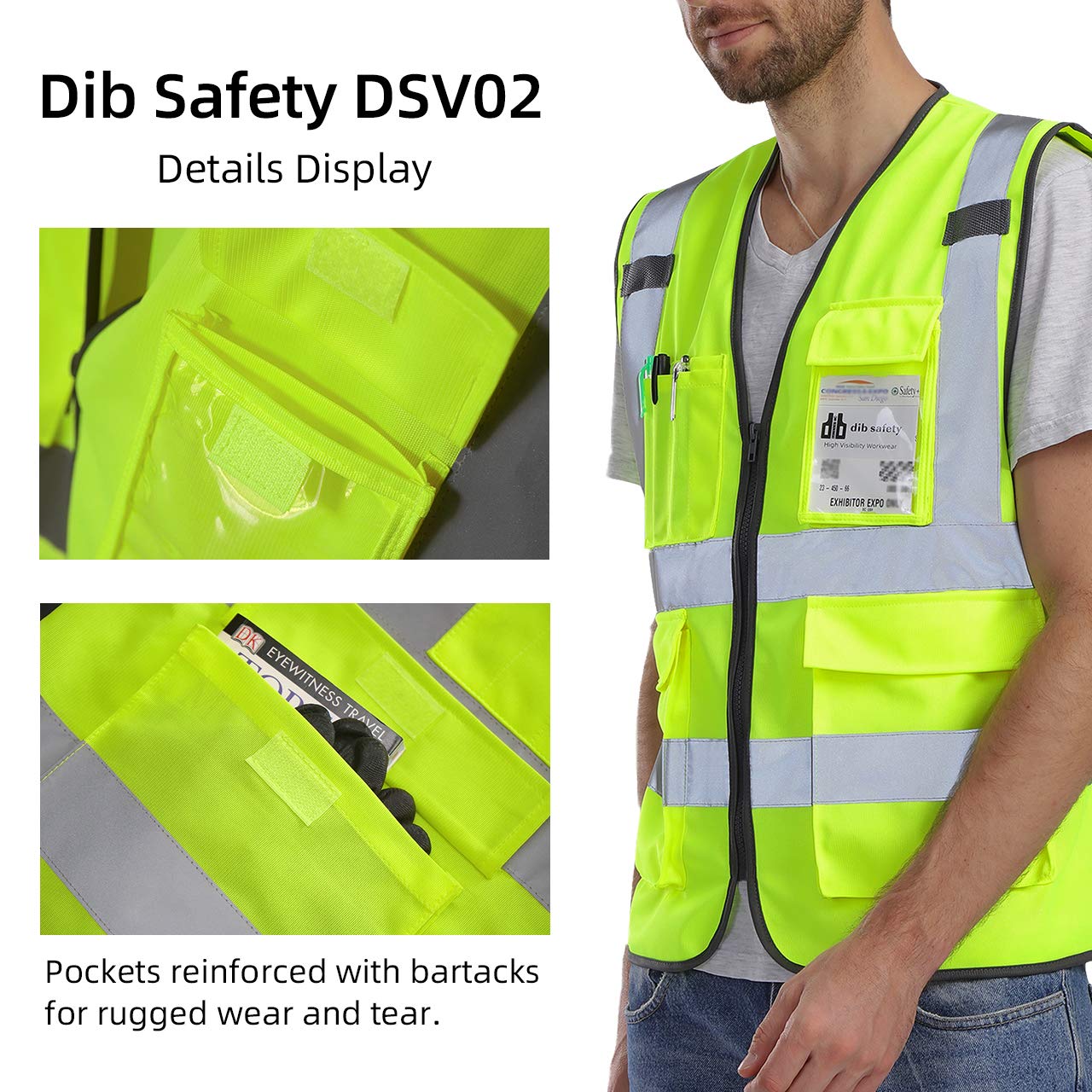 Dib Safety Vest Reflective ANSI Class 2, High Visibility Vest with Pockets and Zipper, Construction Work Vest Hi Vis Yellow M