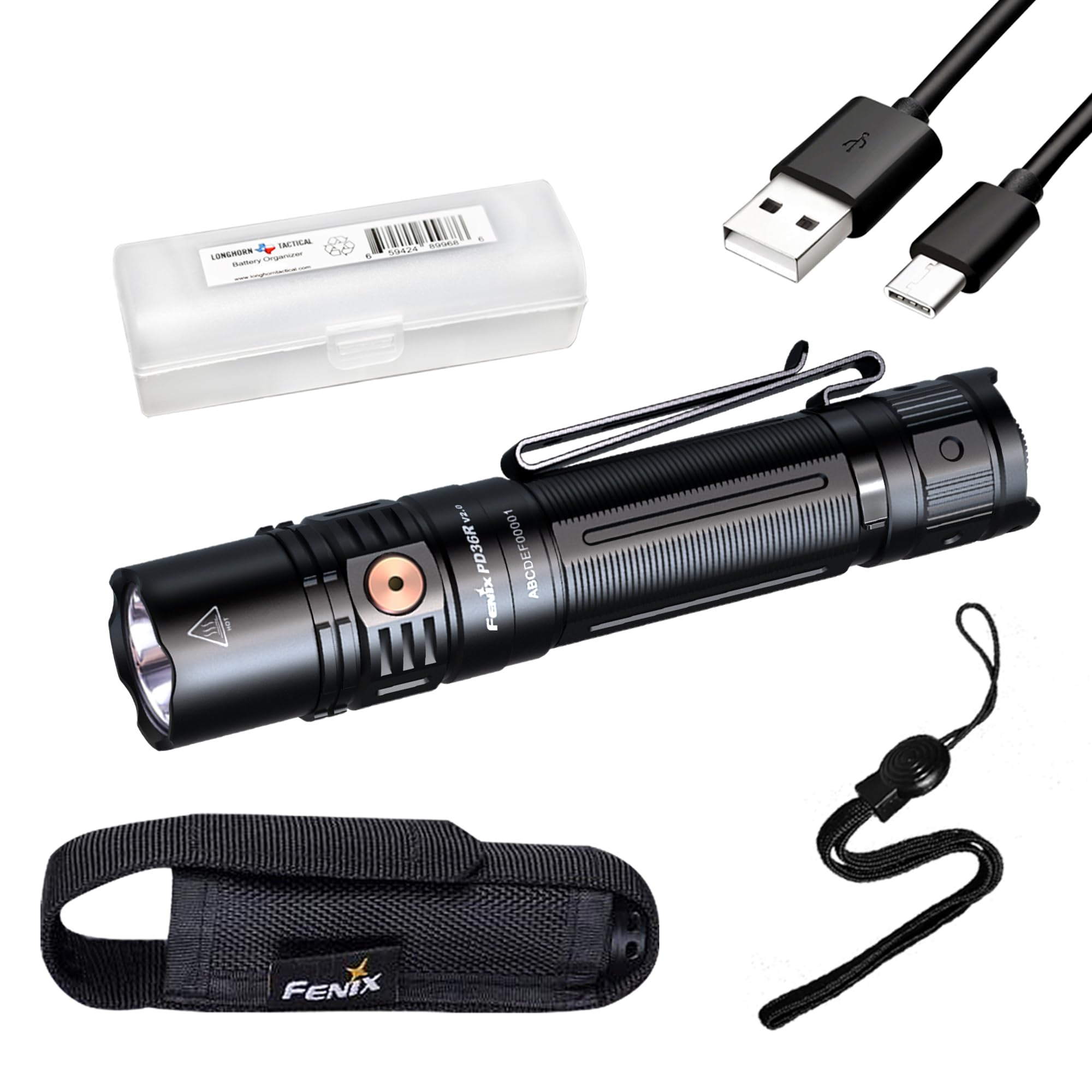 Fenix PD36R V2.0 1700 Lumen Rechargeable Flashlight, USB-C Tactical Duty Light with Battery, and LumenTac Organizer