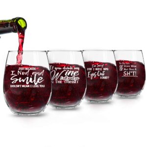 Set of 4 Crude & Rude Funny Wine Glasses (15 oz)- Novelty Glassware Gifts for Women- Hilarious Party, Event, Hosting Fun- Wine Lover Glass w/Funny Sayings- Birthday Wine Gift for Friends- Made in USA