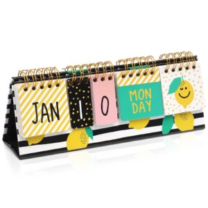 paper junkie lemon perpetual flip calendar for office desktop, classroom supplies, desk calendar with day, date, and month display for planning, home, kitchen decor (8 x 3.5 inches)