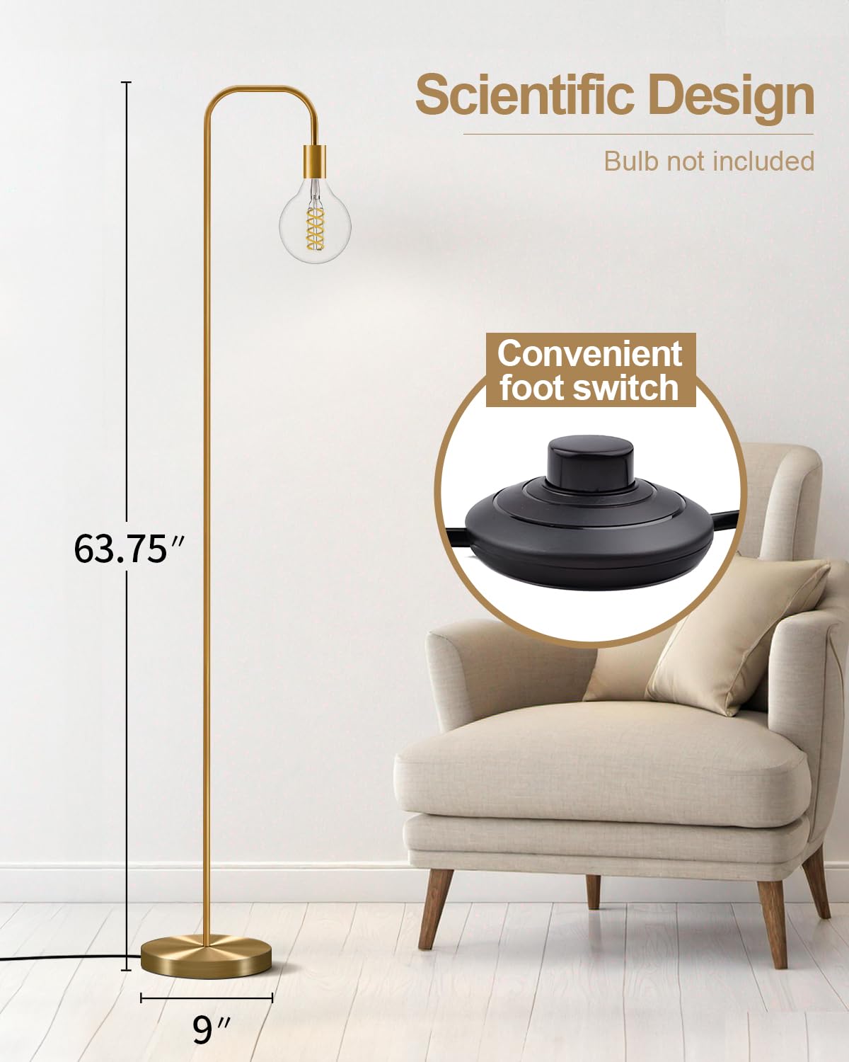 Oneach 63.75'' Industrial Antique Brass Gold Minimalist Floor Lamp for Living Room, Bedroom and Office