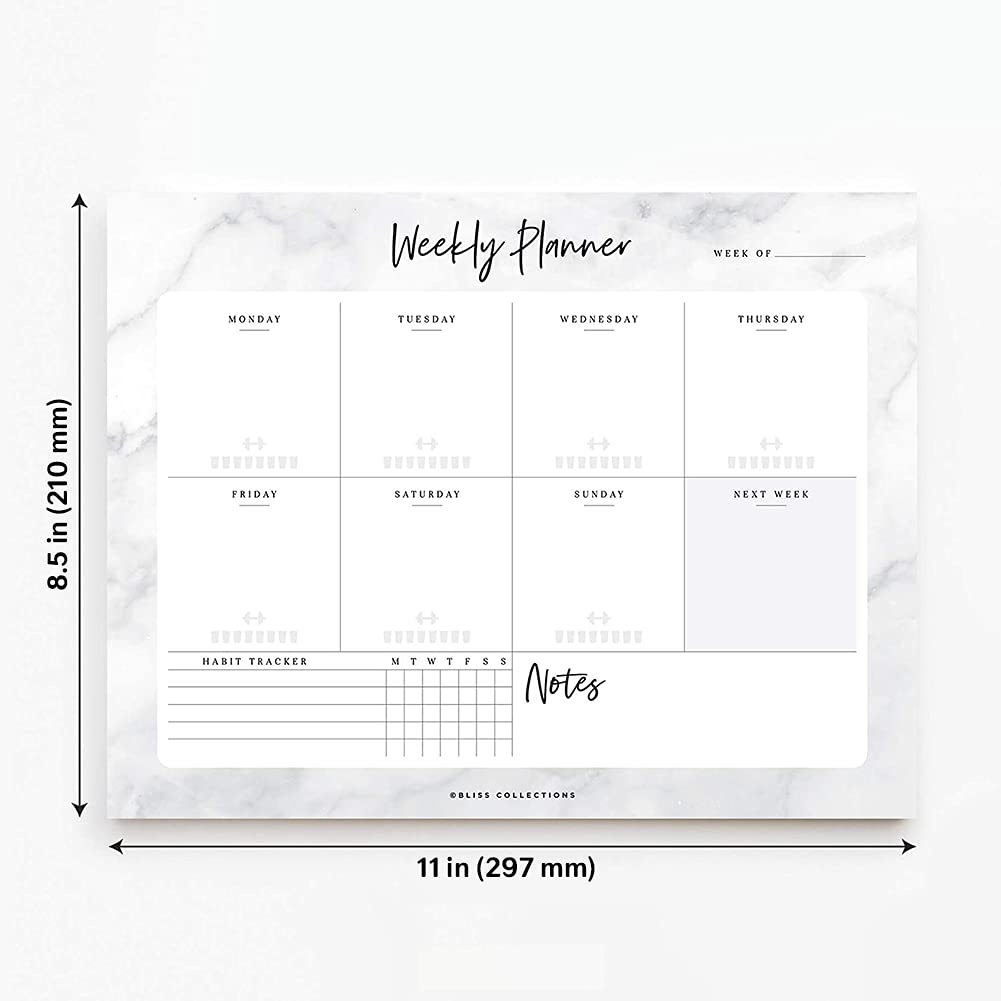 Bliss Collections Weekly Planner, Marble, Undated Tear-Off Sheets Notepad Includes Calendar, Organizer, Scheduler for Goals, Tasks, Ideas, Notes and To Do Lists, 8.5"x11" (50 Sheets)