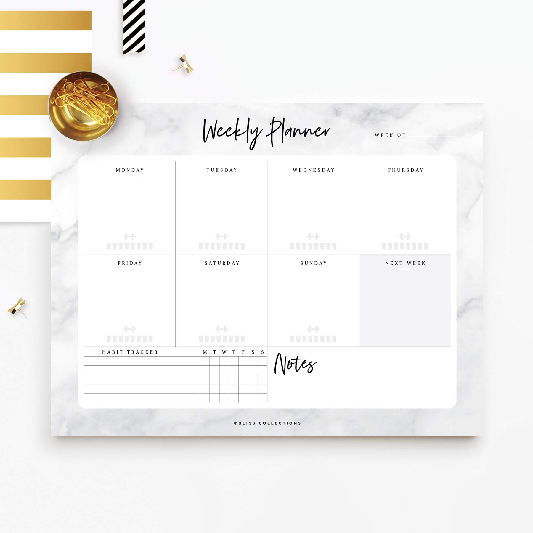 Bliss Collections Weekly Planner, Marble, Undated Tear-Off Sheets Notepad Includes Calendar, Organizer, Scheduler for Goals, Tasks, Ideas, Notes and To Do Lists, 8.5"x11" (50 Sheets)