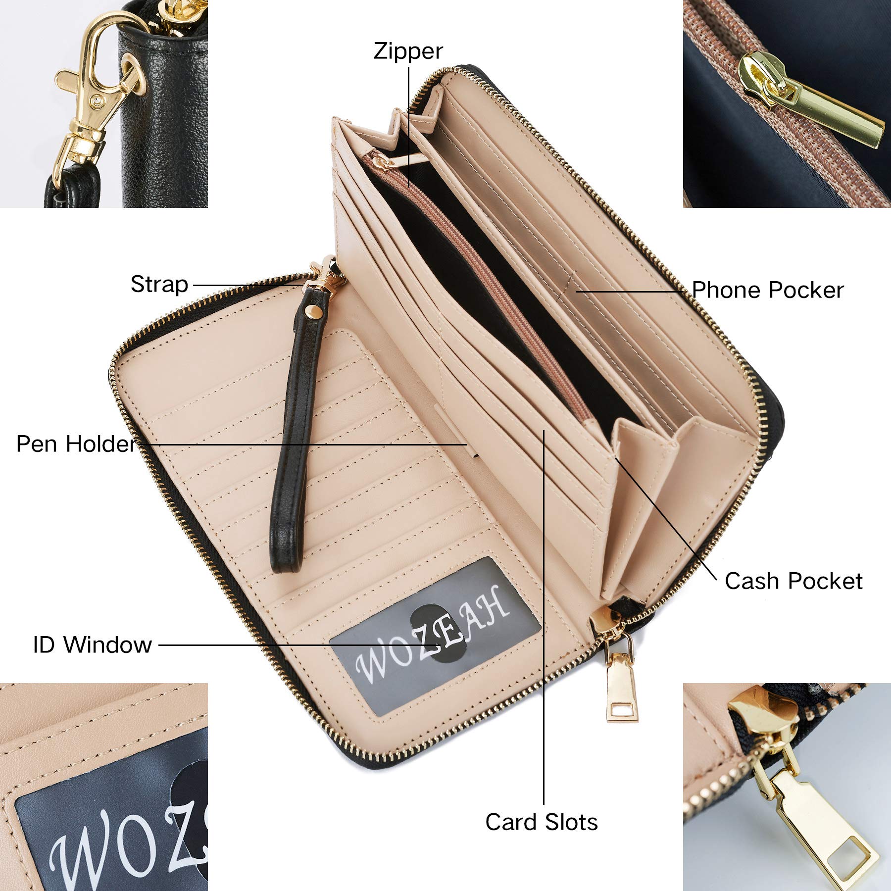 WOZEAH Women's RFID Blocking PU Leather Zip Around Wallet Clutch Large Travel Purse (Color-3)