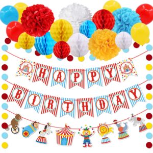 52pcs carnival circus party decorations supplies, carnival birthday party ideas, circus happy birthday banner balloons tissue paper flowers pom poms honeycomb ball circle dots for carnival decoration