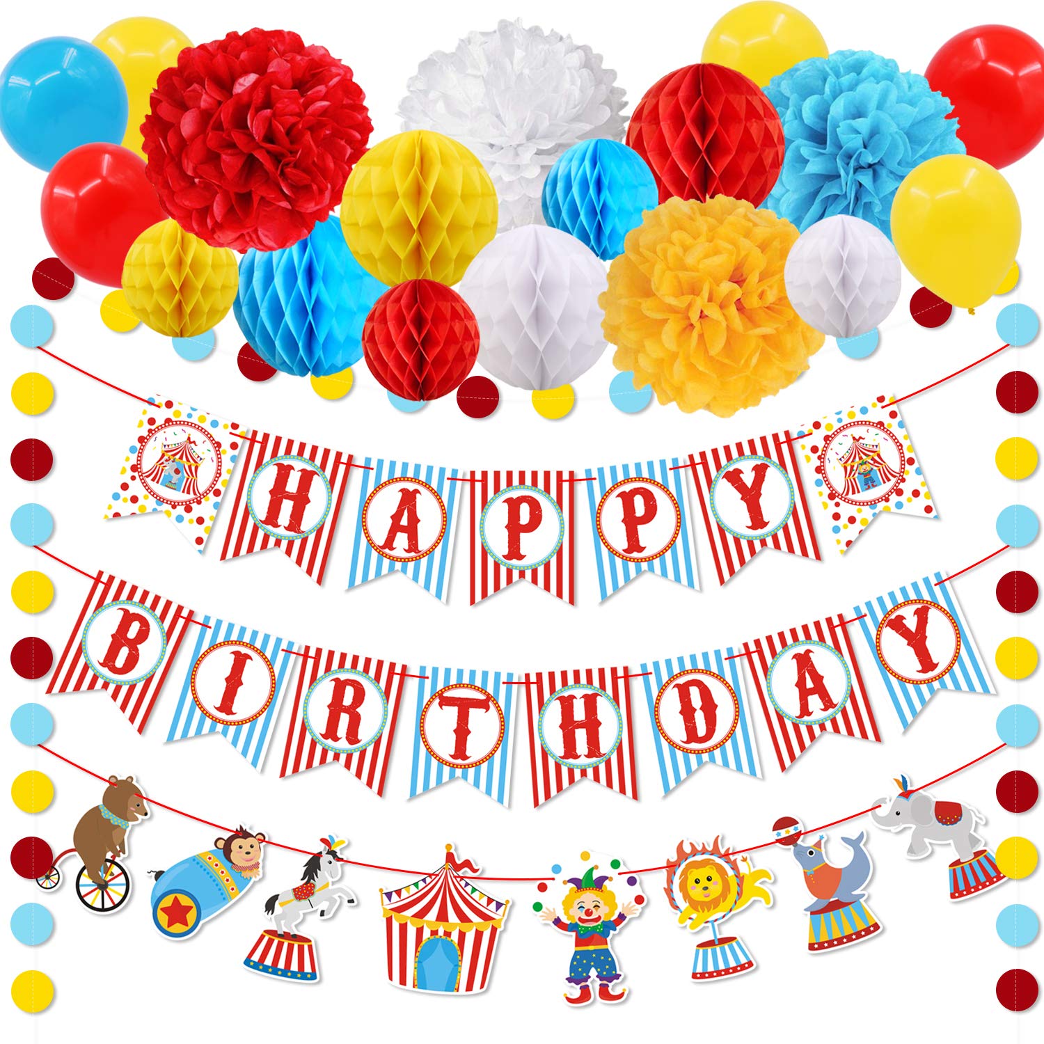 52pcs Carnival Circus Party Decorations Supplies, Carnival Birthday Party Ideas, Circus Happy Birthday Banner Balloons Tissue Paper Flowers Pom Poms Honeycomb Ball Circle Dots for Carnival Decoration