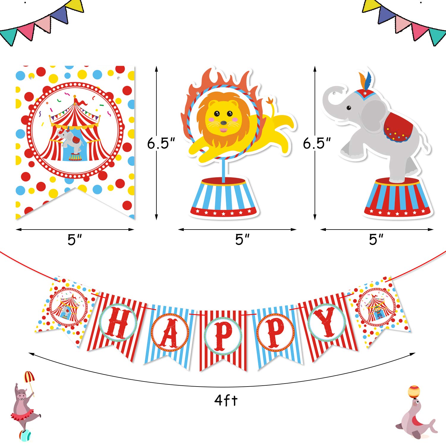 52pcs Carnival Circus Party Decorations Supplies, Carnival Birthday Party Ideas, Circus Happy Birthday Banner Balloons Tissue Paper Flowers Pom Poms Honeycomb Ball Circle Dots for Carnival Decoration