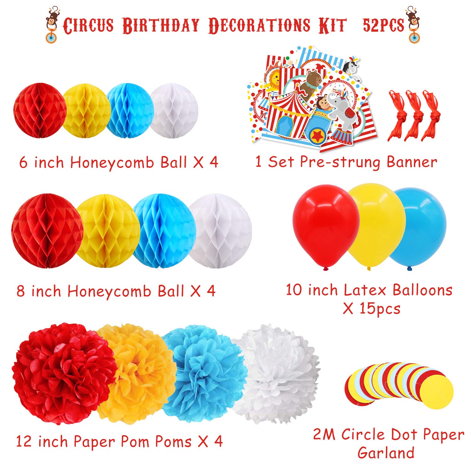 52pcs Carnival Circus Party Decorations Supplies, Carnival Birthday Party Ideas, Circus Happy Birthday Banner Balloons Tissue Paper Flowers Pom Poms Honeycomb Ball Circle Dots for Carnival Decoration