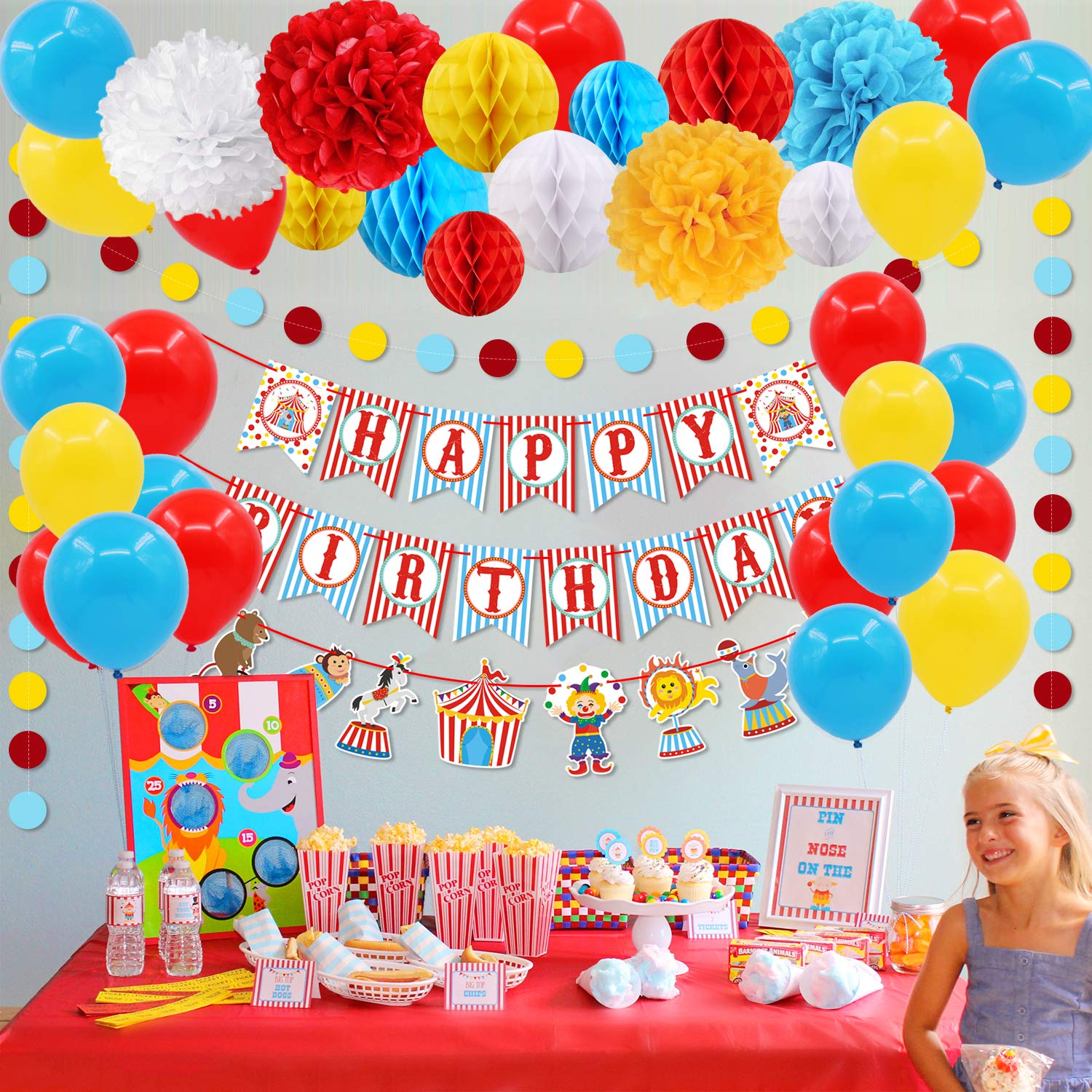 52pcs Carnival Circus Party Decorations Supplies, Carnival Birthday Party Ideas, Circus Happy Birthday Banner Balloons Tissue Paper Flowers Pom Poms Honeycomb Ball Circle Dots for Carnival Decoration