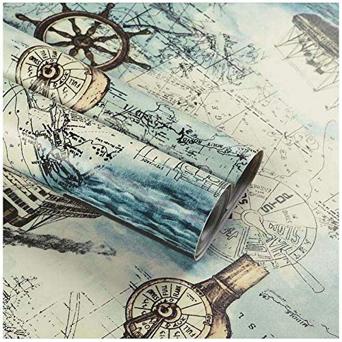 Lependor 17.71" X 118" Nautical Map Wallpaper, Peel and Stick Removable Printed Stick Wall Paper Decorative - 17.71" X 9.8 ft