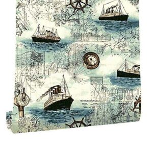 Lependor 17.71" X 118" Nautical Map Wallpaper, Peel and Stick Removable Printed Stick Wall Paper Decorative - 17.71" X 9.8 ft