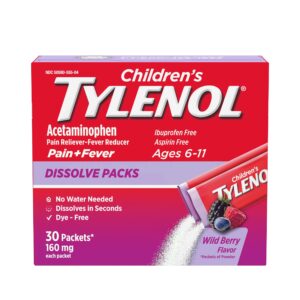 tylenol children's dissolve packs for pain relief, fever medication, 160 mg acetaminophen, dye free, kids' powder packets for cold & flu symptom relief; wild berry flavor, 30 ct.; pack of 1
