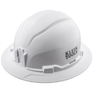klein tools 60400 hard hat, non-vented full brim style, padded, self-wicking odor-resistant sweatband, tested up to 20kv, white