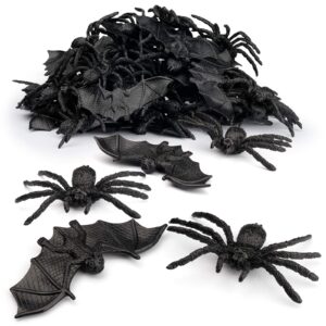 coogam 48pcs halloween spiders bats party favor decorations set of 24 realistic spiders and 24 plastic bats, small size hallowmas prank props supplies kid gift joke toy home decor