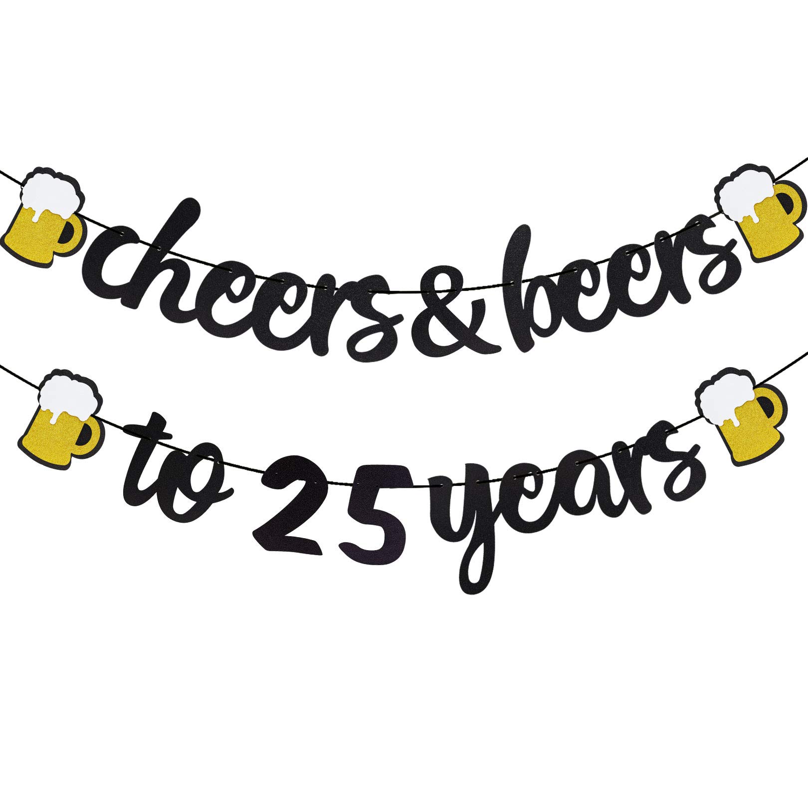 25th Birthday Decorations Cheers and Beers to 25 Years Banner Black Glitter Happy Birthday Wedding Anniversary Party Supplies