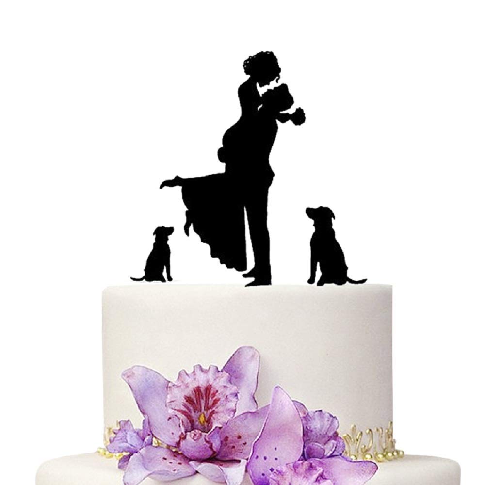 YAMI COCU Wedding Cake Toppers Bride and Groom With Dog Animal Black Color Acrylic Silhouette Wedding Party Engagement Decoration Love