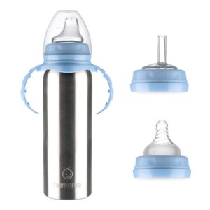 hamarue 3-in-1 stainless steel sippy cups for toddlers | non-toxic insulated stainless steel baby bottle | straw cup with removeable handles | plastic free liquid transfer (8 oz, bluel)
