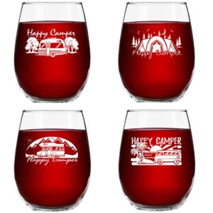 du vino set of 4 happy camper wine glasses (15 oz) | travel | funny & humorous rv camp gifts for women | glamping accessories | stemless wine glasses made in usa
