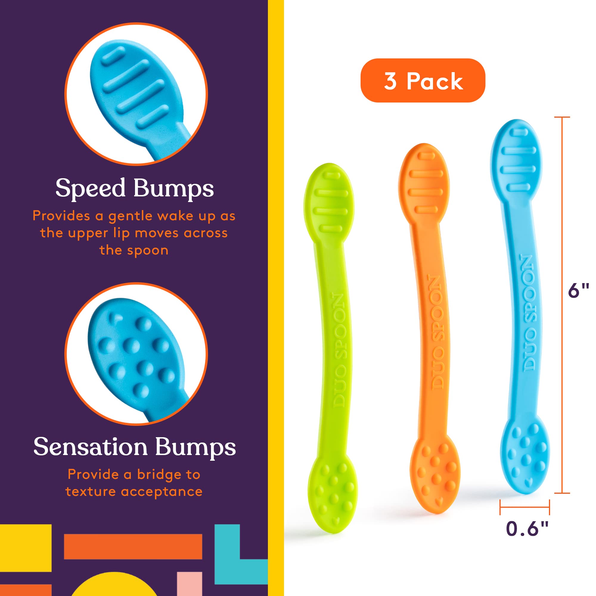 Special Supplies Duo Spoon Oral Motor Therapy Tools, 3 Pack, Textured Stimulation and Sensory Input Treatment for Babies, Toddlers or Kids, BPA Free Silicone with Flexible, Easy Handle
