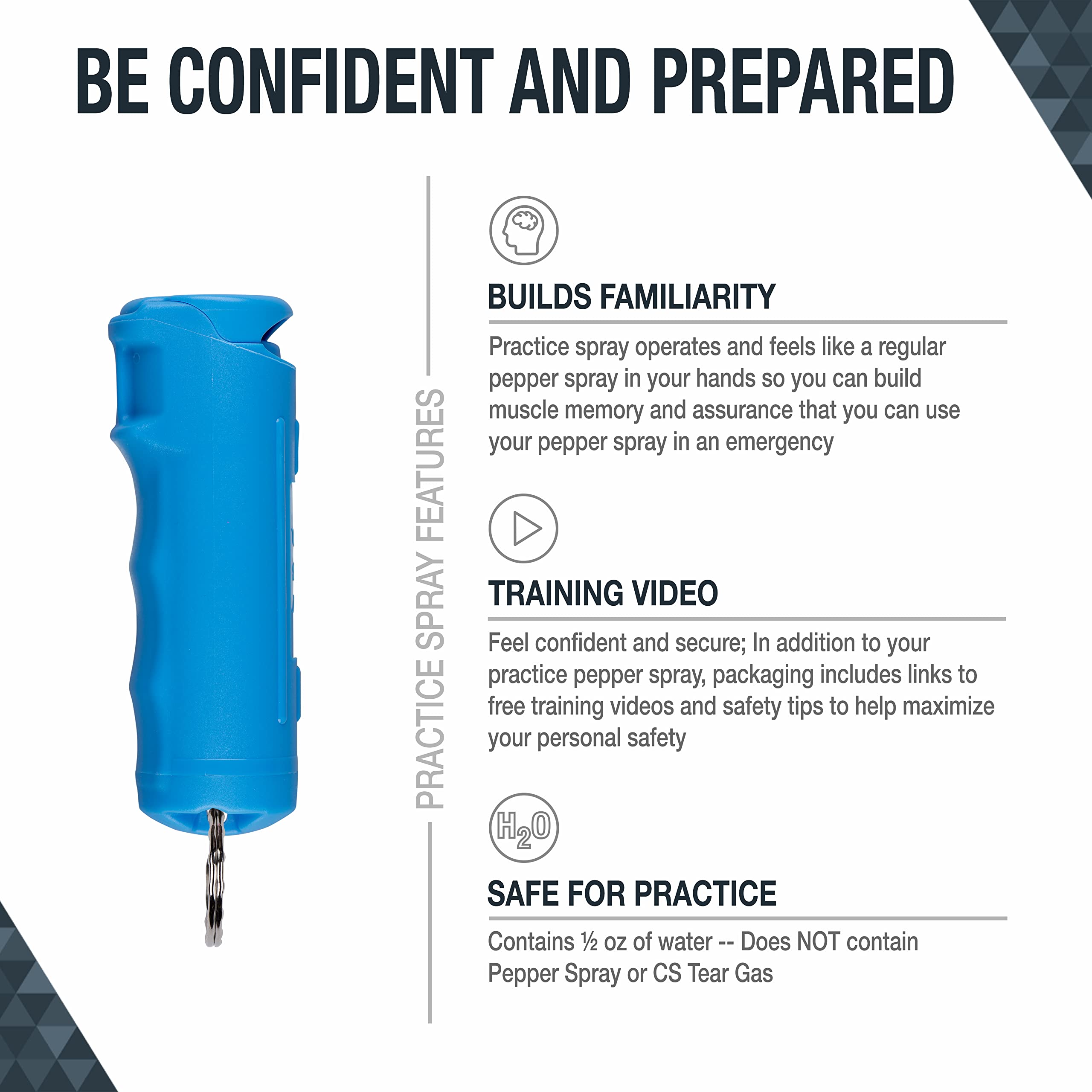 SABRE Practice Spray with Fast Flip Top, Inert Water-Based Formula, 10-Foot (3-Meter) Range, Helps to Build Confidence, Muscle Memory and Familiarity, Ergonomic Finger Grip, Key Ring, Blue