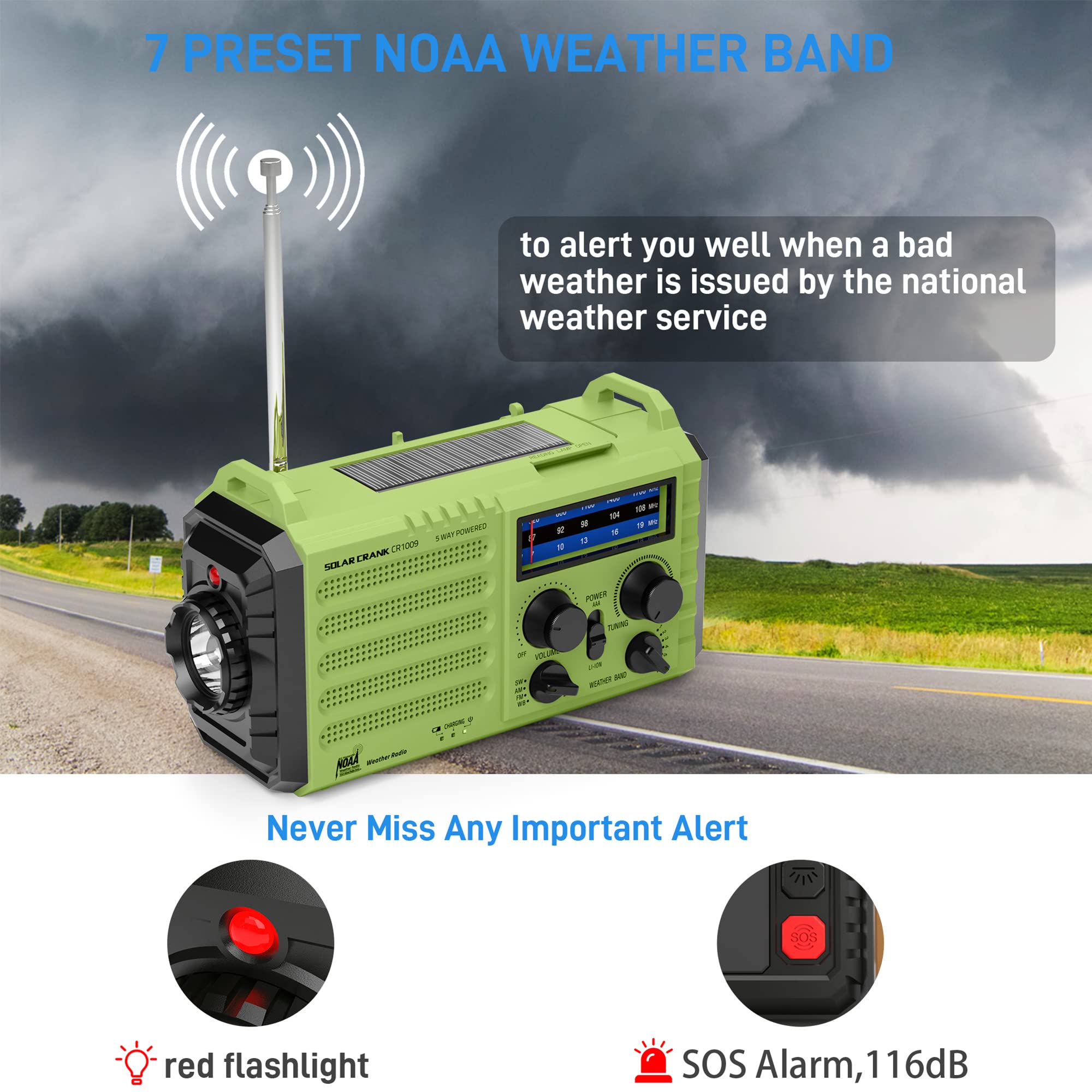 NOAA Weather Radio, Emergency Hand Crank Radio with Solar Charger, Portable Battery Operated AM FM Shortwave Radio with LED Flashlight, USB Charger, Earbud Jack, SOS Alert for Home Survival Hurricane