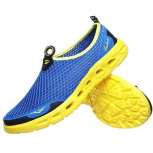 men's women's quick dry mesh water shoes comfort breathable barefoot slip on sneakers for walking running hiking beach swim surf boating (blue yellow 44)