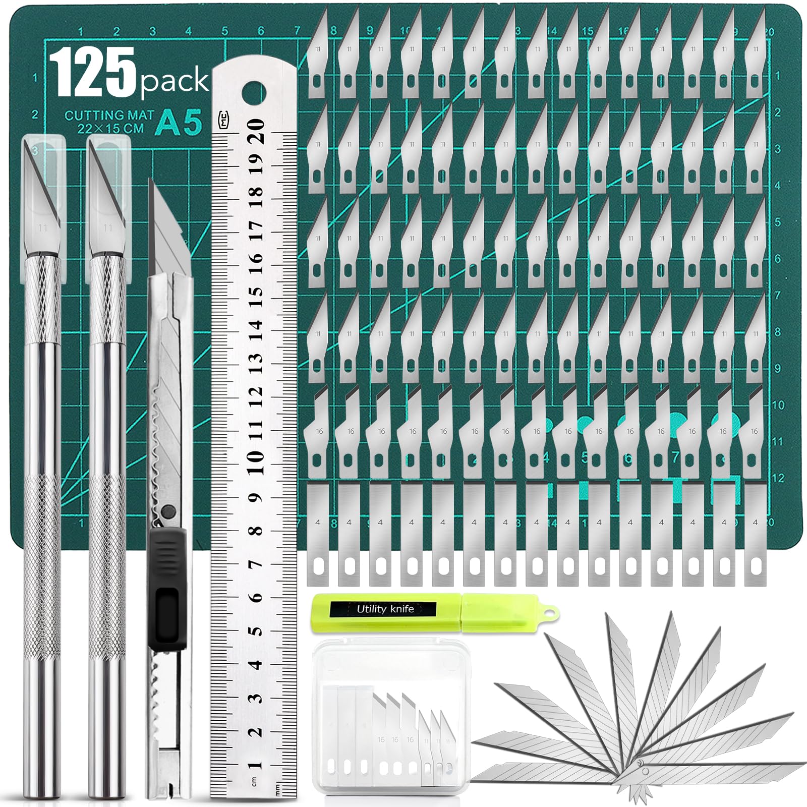 125 PCS Precision Hobby Knife Kit,110 PCS Carving Blades with 2 Handles, 11PCS SK5 Art Blades with 1 Handles, Cutting Board, Steel Rule, Craft Knife Set for DIY Art Work, Scrapbook.