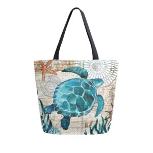 naanle ocean turtle canvas tote bag large women casual shoulder bag handbag, sea turtle reusable multipurpose heavy duty shopping grocery cotton bag for outdoors.