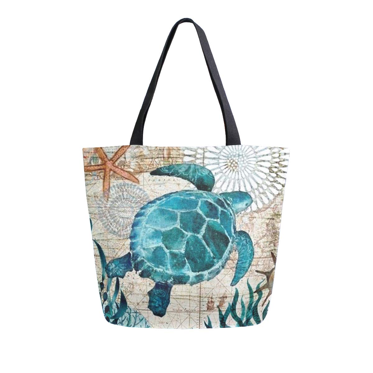 Naanle Ocean Turtle Canvas Tote Bag Large Women Casual Shoulder Bag Handbag, Sea Turtle Reusable Multipurpose Heavy Duty Shopping Grocery Cotton Bag for Outdoors.