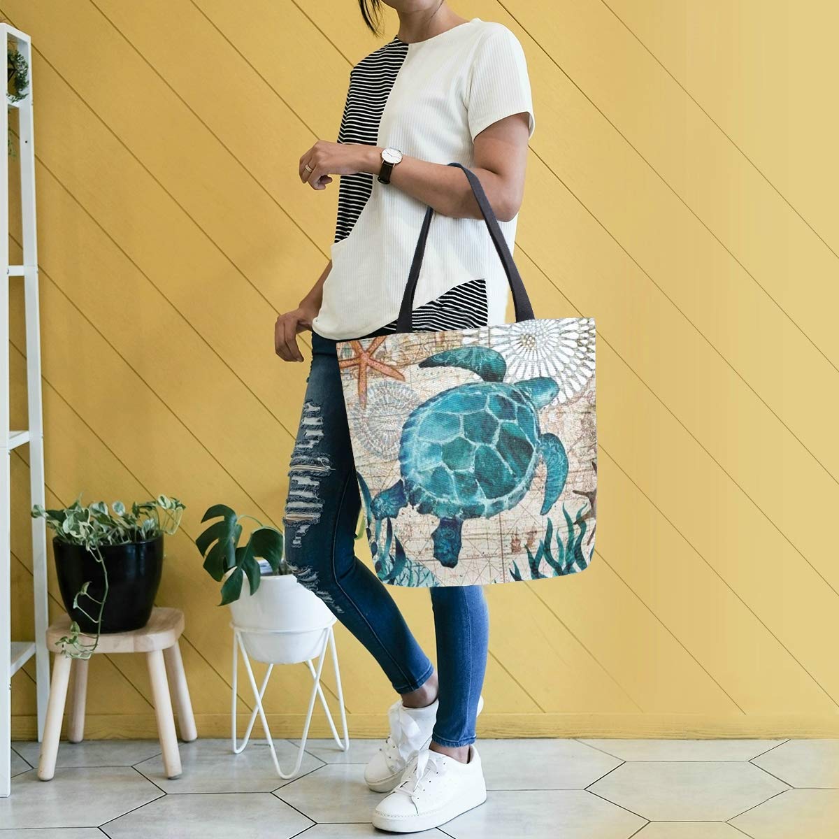 Naanle Ocean Turtle Canvas Tote Bag Large Women Casual Shoulder Bag Handbag, Sea Turtle Reusable Multipurpose Heavy Duty Shopping Grocery Cotton Bag for Outdoors.