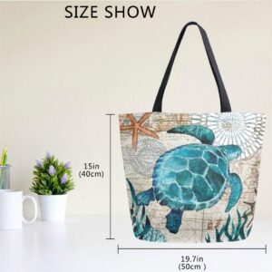 Naanle Ocean Turtle Canvas Tote Bag Large Women Casual Shoulder Bag Handbag, Sea Turtle Reusable Multipurpose Heavy Duty Shopping Grocery Cotton Bag for Outdoors.