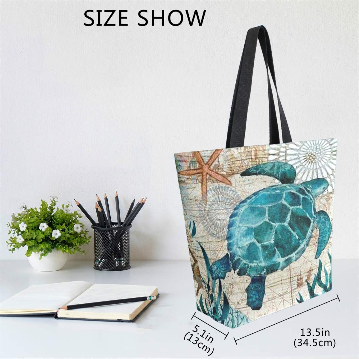 Naanle Ocean Turtle Canvas Tote Bag Large Women Casual Shoulder Bag Handbag, Sea Turtle Reusable Multipurpose Heavy Duty Shopping Grocery Cotton Bag for Outdoors.