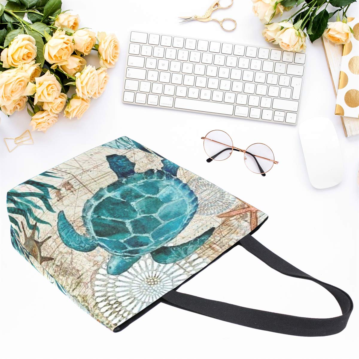 Naanle Ocean Turtle Canvas Tote Bag Large Women Casual Shoulder Bag Handbag, Sea Turtle Reusable Multipurpose Heavy Duty Shopping Grocery Cotton Bag for Outdoors.