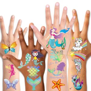 temporary tattoos for kids(80pcs),konsait glitter mermaid unicorn butterfly tattoos for children girls birthday party favors supplies great kids party accessories goodie bag stuffers party fillers