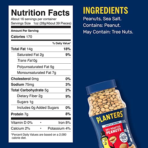 Planters Lightly Salted Dry Roasted Peanuts, 16.0 oz Jar (Pack of 6)