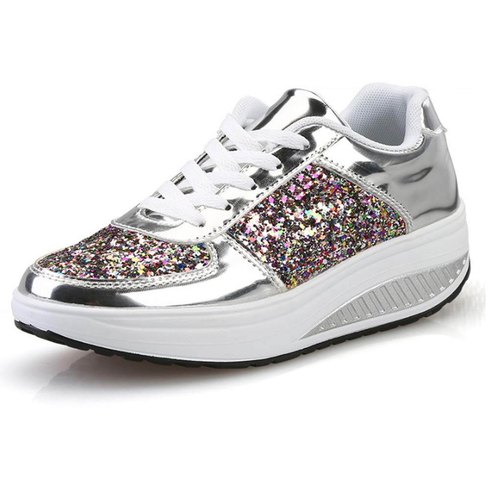 Yu Li Womens Glitter Fashion Sneakers Lace-up Rocking Shoes Bling Walking Shoes Silver 38