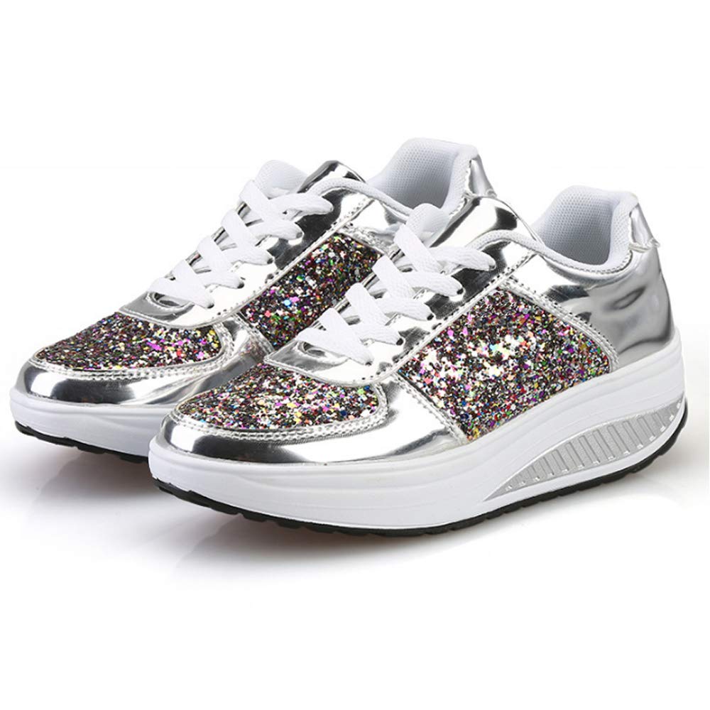 Yu Li Womens Glitter Fashion Sneakers Lace-up Rocking Shoes Bling Walking Shoes Silver 38