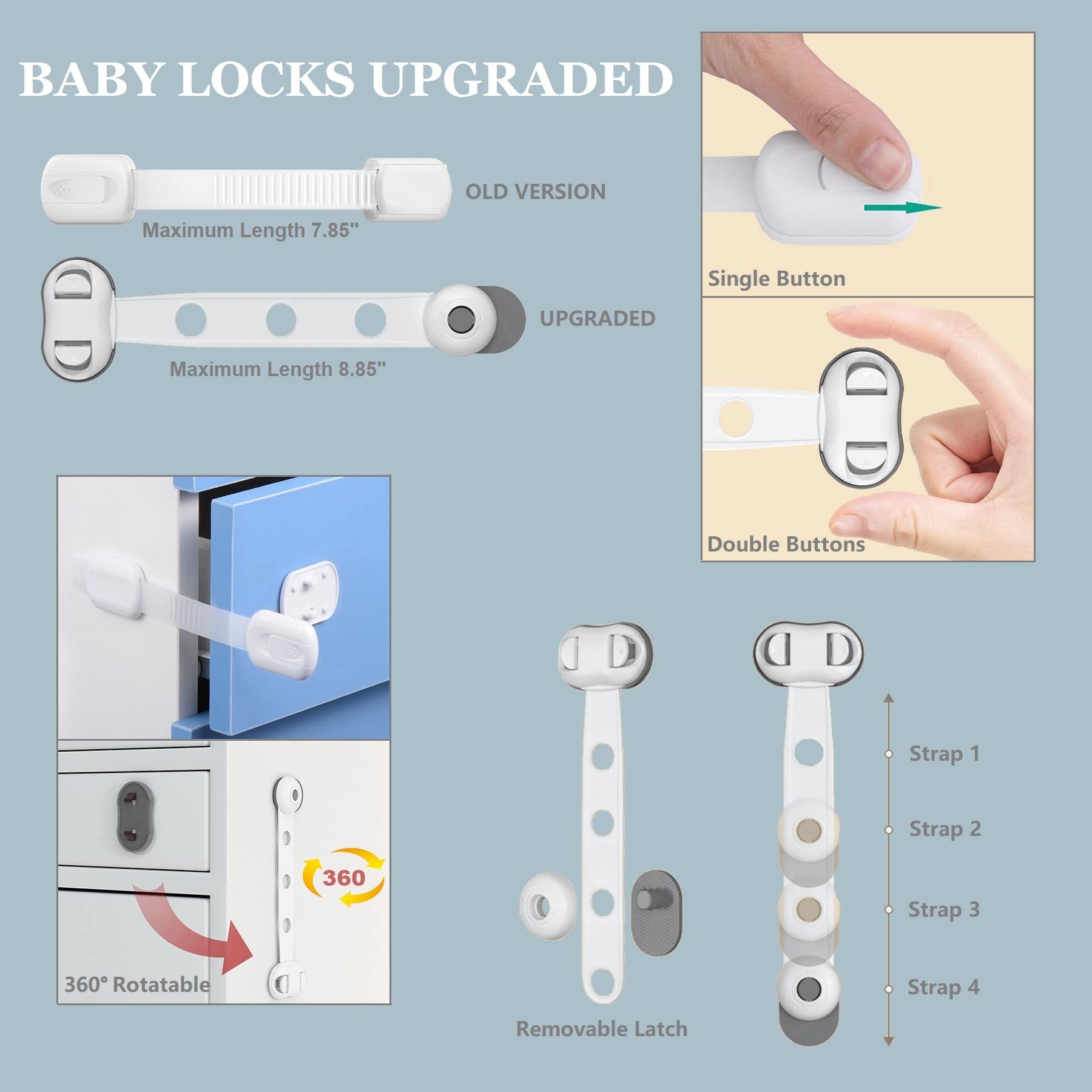 Child Safety Cabinet Strap Locks - OKEFAN 12 Pack Baby Proofing Adhesive Latches for Kids Drawer Cupboard Dishwasher Fridge Oven Door No Drill (White)