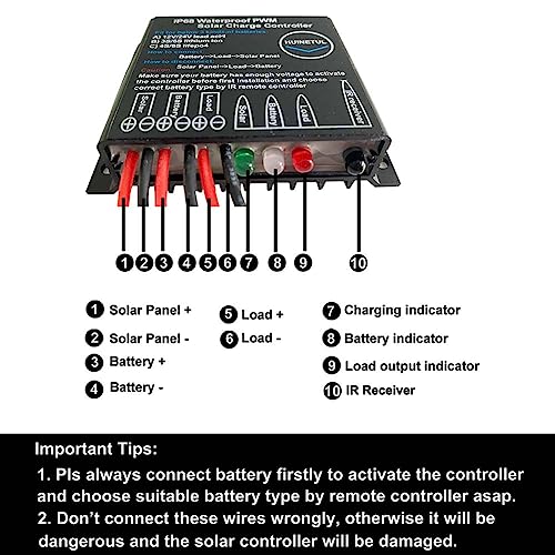 HUINETUL 10A IP68 Waterproof Solar Charge Controller Lithium Ion Lifepo4 Lead Acid Battery 12V 24V PWM Charge Controller with IR Remote Control for 24hrs Dust to Dawn Timer