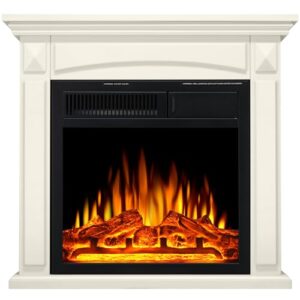 r.w.flame 27” electric fireplace mantel wooden surround firebox, tv stand with freestanding electric fireplace, remote control, adjustable led flame, 750w/1500w off white