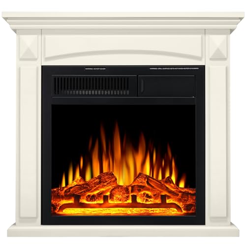 R.W.FLAME 27” Electric Fireplace Mantel Wooden Surround Firebox, TV Stand with Freestanding Electric Fireplace, Remote Control, Adjustable Led Flame, 750W/1500w Off White