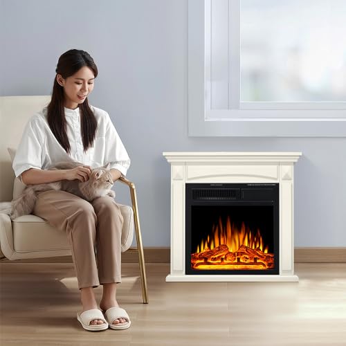 R.W.FLAME 27” Electric Fireplace Mantel Wooden Surround Firebox, TV Stand with Freestanding Electric Fireplace, Remote Control, Adjustable Led Flame, 750W/1500w Off White