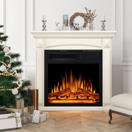 R.W.FLAME 27” Electric Fireplace Mantel Wooden Surround Firebox, TV Stand with Freestanding Electric Fireplace, Remote Control, Adjustable Led Flame, 750W/1500w Off White